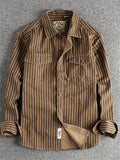 Men's Retro Cotton Long Sleeve Stripe Lapel Cargo Shirts
