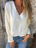 Ladies' Elegant Solid Color V Neck Satin Long Sleeve Blouses