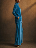 Women Vintage Velvet Turtleneck Top and Wide Leg Pants 2 Piece Lounge Set