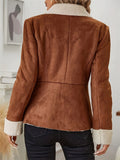 ‌Women's  Brown Single Breasted Fitted Faux Suede Fleece Lined Coats