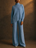 Women Knit Turtleneck Asymmetric Wide Leg Pants 2 Piece Set