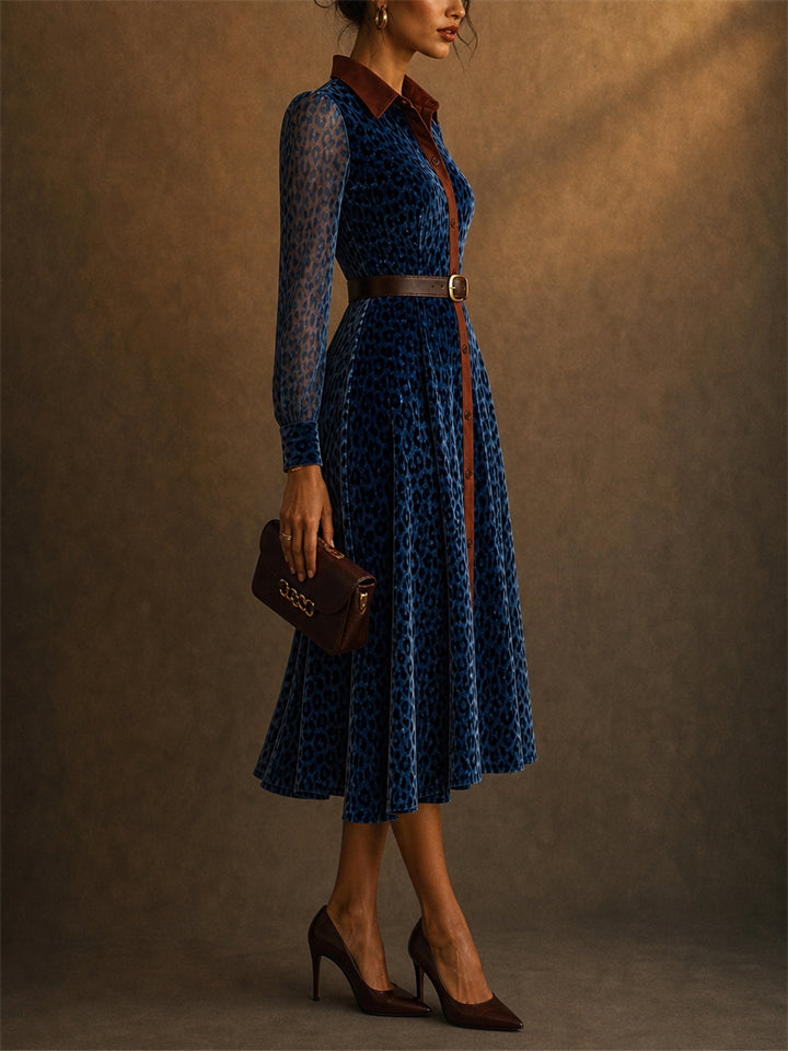 Elegant Leopard Print Contrast Trim Long Shirt Dress for Women