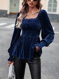 Ladies Puff Long Sleeve Square-neck Velvet Shirt