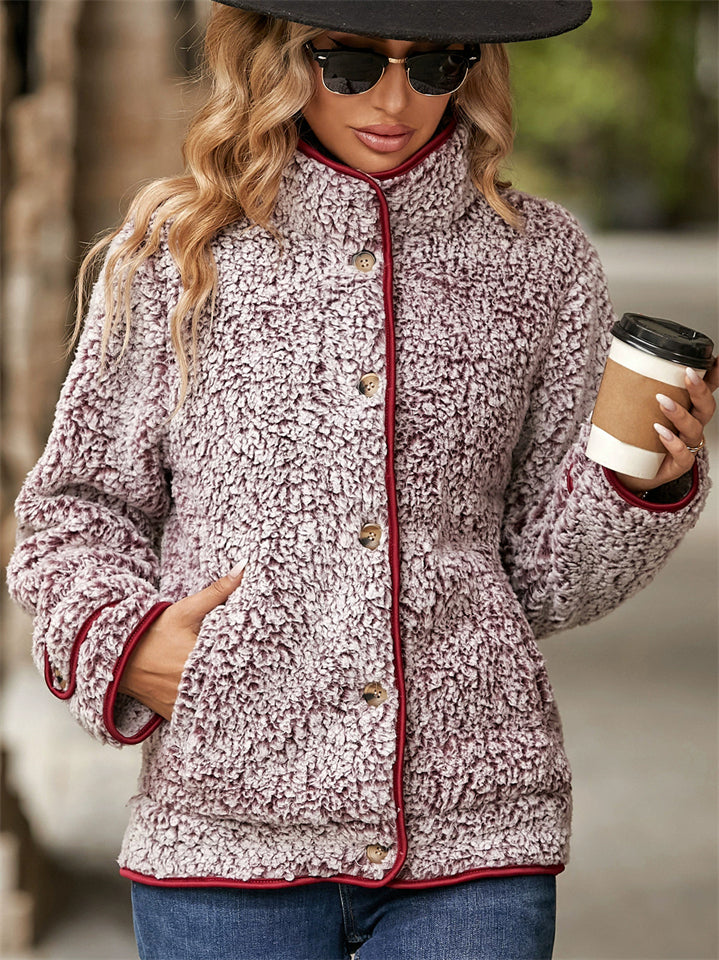 Women's Autumn Contrast Trim Single Breasted Lapel Fleece Coats
