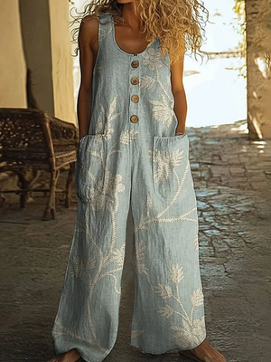 Women's Summer Casual Floral  Printed Pockets Sleeveless Jumpsuits