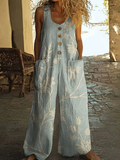 Women's Summer Casual Floral  Printed Pockets Sleeveless Jumpsuits