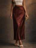 Women High Waist Satin Drawstring Flowy Silky Midi Skirt