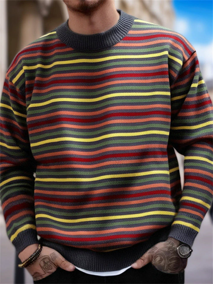 Men's Casual Autumn Contrast Color Striped Pullover Round Neck Sweaters