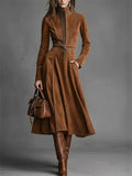 Women's Elegant Long Sleeve Suede A-Line Trench Coat Dresses
