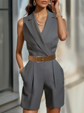 Women's Trendy Gray Solid Color V Neck Lapel Jumpsuits