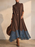 Women Faux Suede Turtleneck Lace Trim Long Sleeve Maxi Dress
