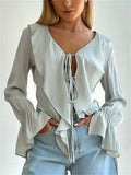 Women's Grunge Style Lace Up Ruffle Flare Sleeve V-Neck Blouses