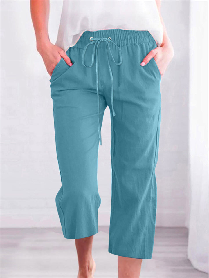 Women's Summer Solid Color Drawstring Straight Capri Pants
