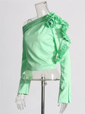 Women's Green Ruffled Long Sleeve Asymmetric Top