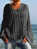 Plus Size Women's Loose Casual Solid Color Hollow Long-sleeved Sweaters