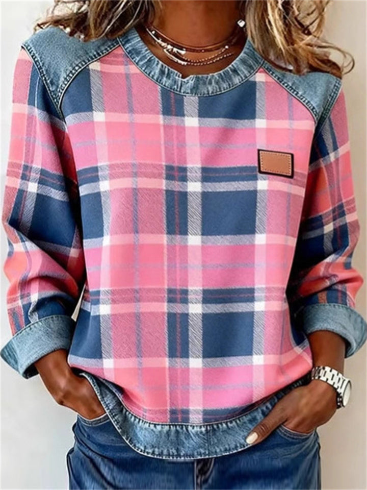 Women's ‌Plaid Denim Patchwork Color Block Casual Sweatshirts