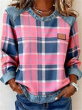 Women's ‌Plaid Denim Patchwork Color Block Casual Sweatshirts