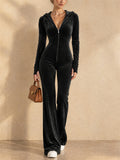 Women Vintage Velvet Long Sleeve Hooded Zip Up Flare Jumpsuit