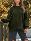 Autumn Round Neck Lantern Sleeve Side Slit Women Knit Sweater