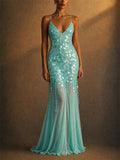 Women Sequin Backless Mermaid Evening Prom Maxi Dress