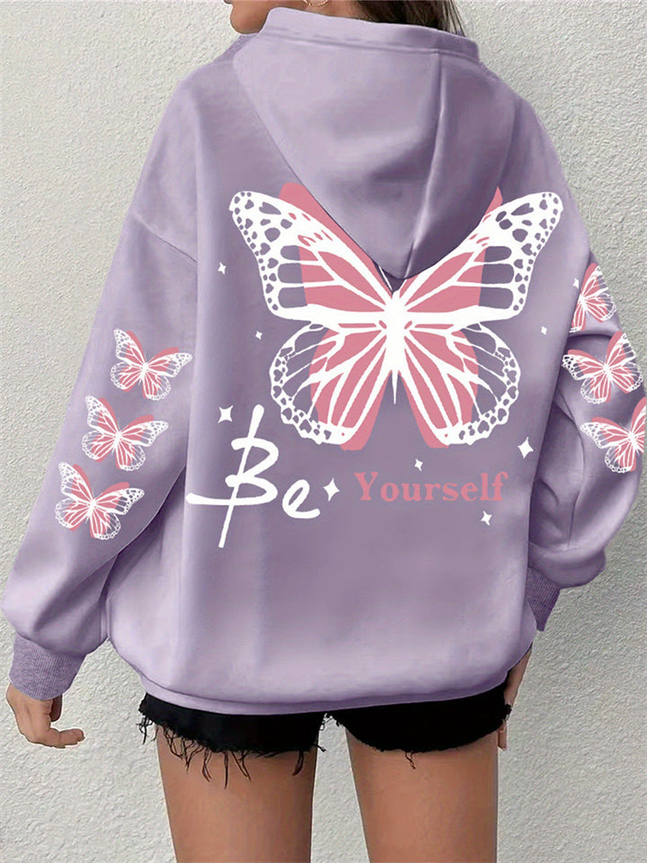 Women's Loose Be Yourself Butterflies Printed  Long Sleeve Hoodie