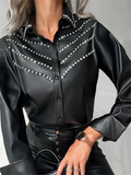 Women's Black Drilling Faux Leather Lapel Long Sleeve Blouses