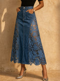 Women High Waist Floral Lace Hollow Out Denim Maxi Skirt