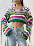 Women's Trendy Rainbow Striped Fringe Long Sleeve Crop Sweaters
