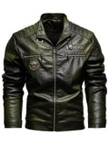 Men's Fleece Lined Faux Leather Motorcycle Jacket with Patches and Pockets