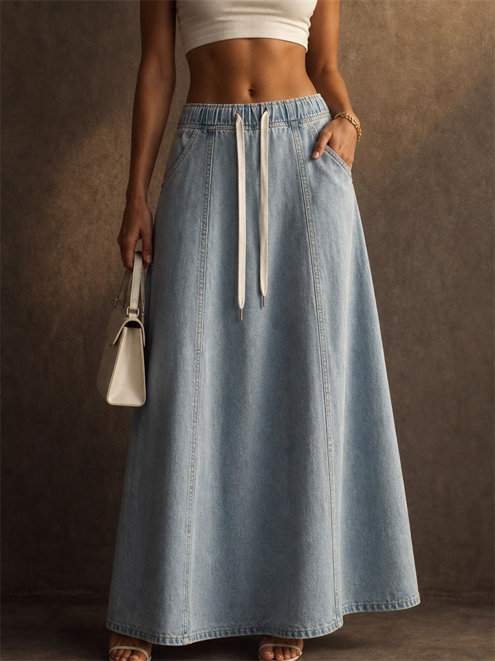 Women High Waist Drawstring A Line Denim Maxi Skirt
