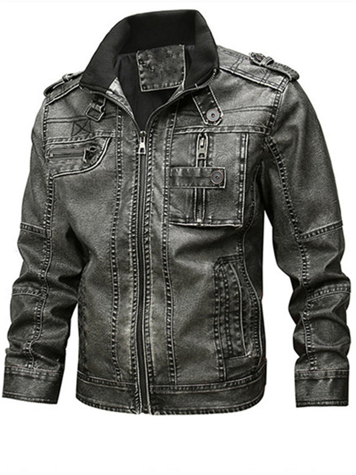 Men's Contrast Collar Long Sleeve Zip-Up Distressed Faux Leather Moto Jackets