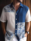 Men's Summer Blue Print Contrast Color Holiday Style Short Sleeve Shirt