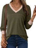 Women's Simple Contrast Trim V Neck Long Sleeve Sweatshirts