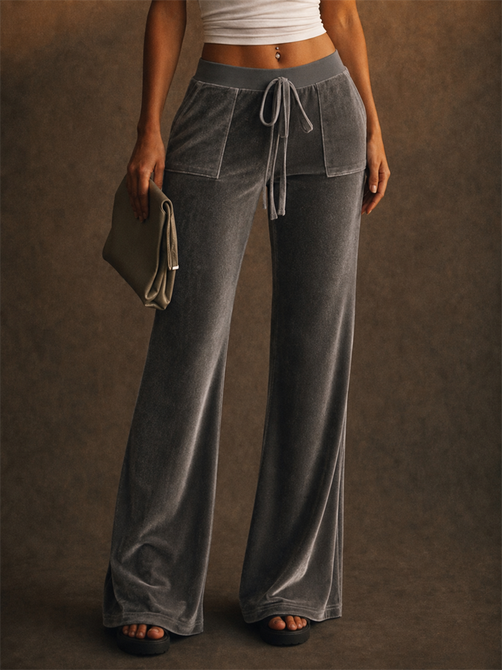 Women Velvet High Waist Y2K Drawstring Wide Leg Flared Pants