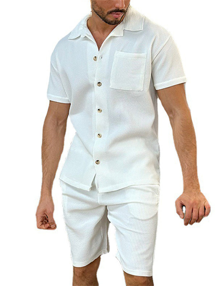 Comfy Short Sleeve Solid Color Lapel Button up Outfits For Men