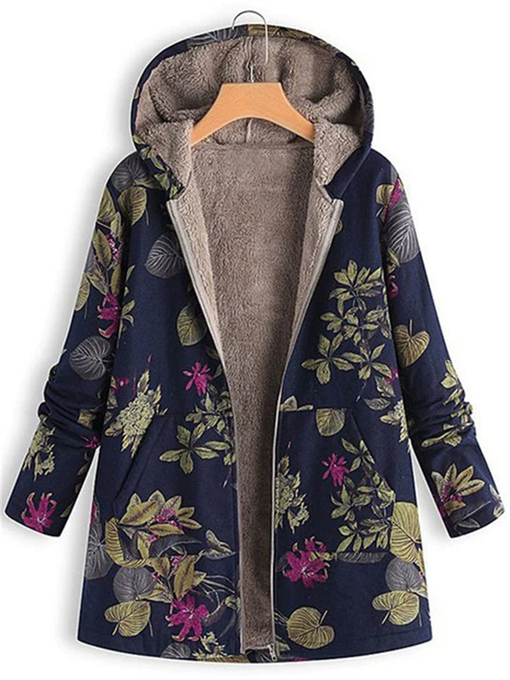 Women's Vintage Leaves Printed Fleeced Lining Hooded Coats