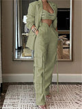 Women's 2Pcs Casual Solid Color Cardigan Lapel Top & Multi Pockets Pants Set
