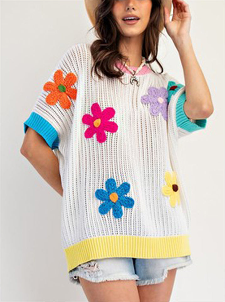 Women's Summer 3D Flower Short Sleeve Knit Sweater T Shirt