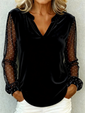 Velvet V Neck Mesh Polka Dot Sheer Lantern Sleeve Blouses for Women