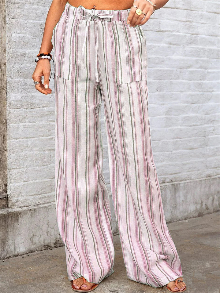 Women's Summer Stripe Pockets Drawstring Wide Leg Pants