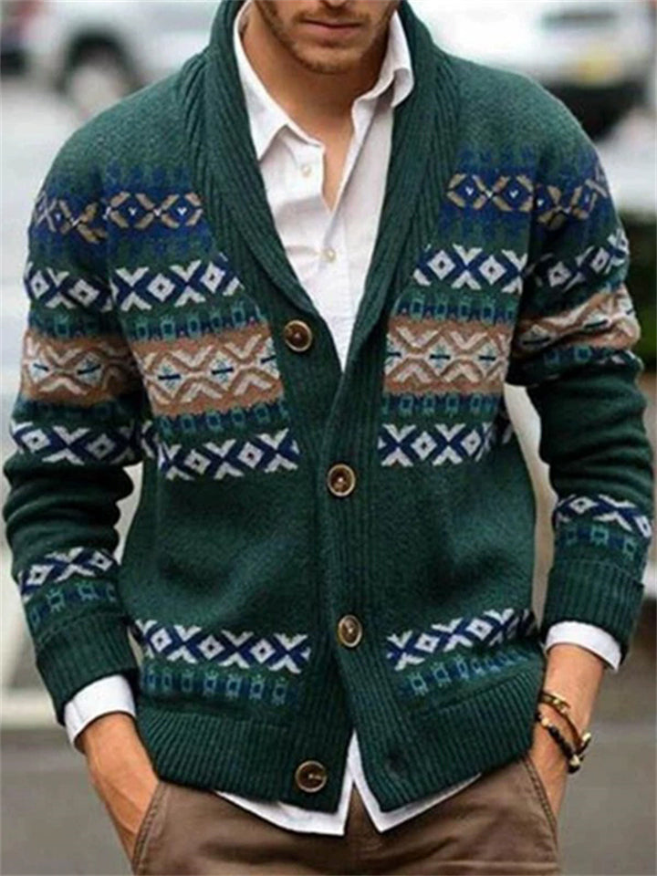 Men's Autumn Green British Style Jacquard Long Sleeve Cardigan Sweater