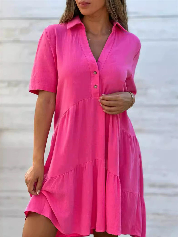 Women Casual Loose V Neck Short Sleeve Tiered Shirt Dress