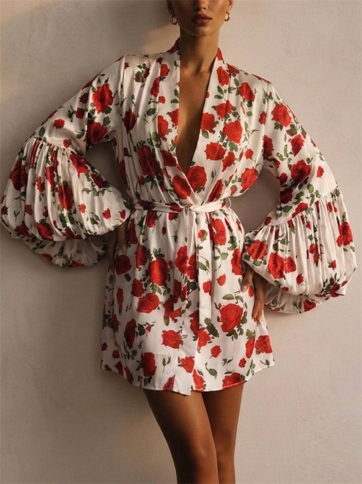 Women Red Rose Floral Lantern Sleeve Wrap Mini Dress