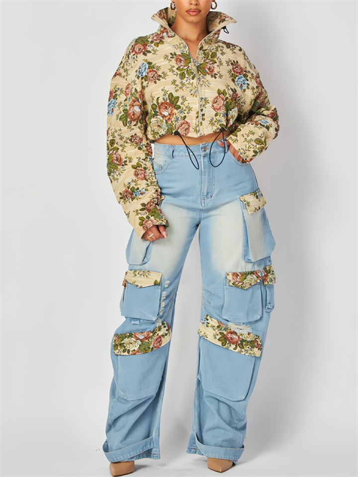 Women's 2Pcs Floral Jacquard Crop Top & Cargo Denim Pants Set