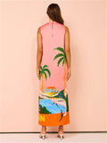 Women's Pink Side Split Sundress with Coconut Tree Letter Print