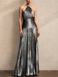 Women Metallic Pleated Halter Backless Slit Maxi Dress