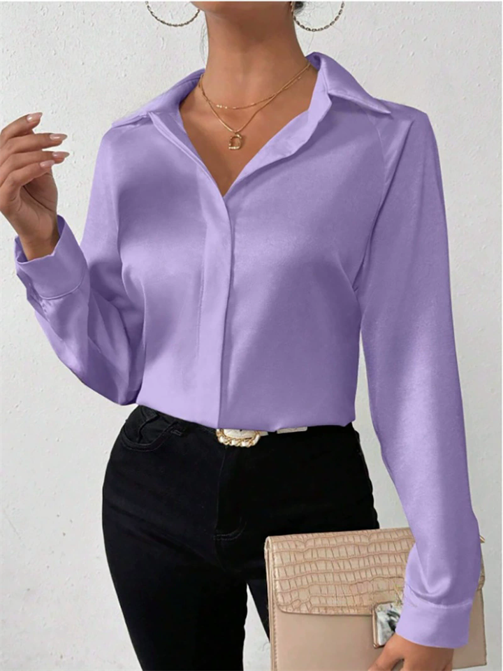 Ladies' Elegant Solid Color Button Up Satin Blouses