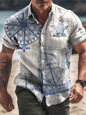 Men's Vintage Nautical Compass Print Lapel Beach Shirt