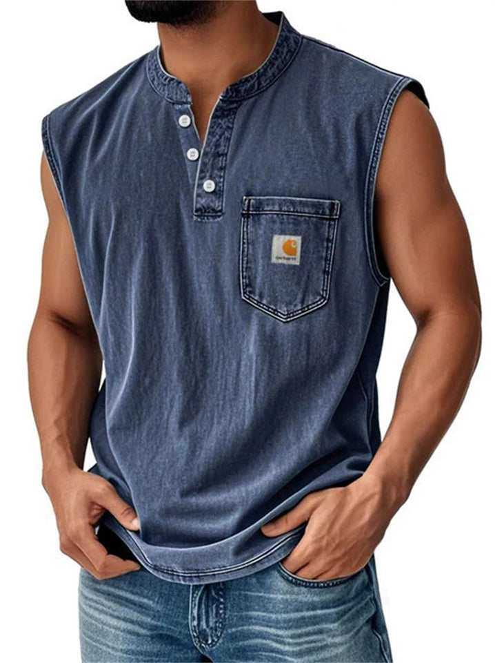 Men's Retro Cotton Distressed Pocket Sleeveless Henley Shirts
