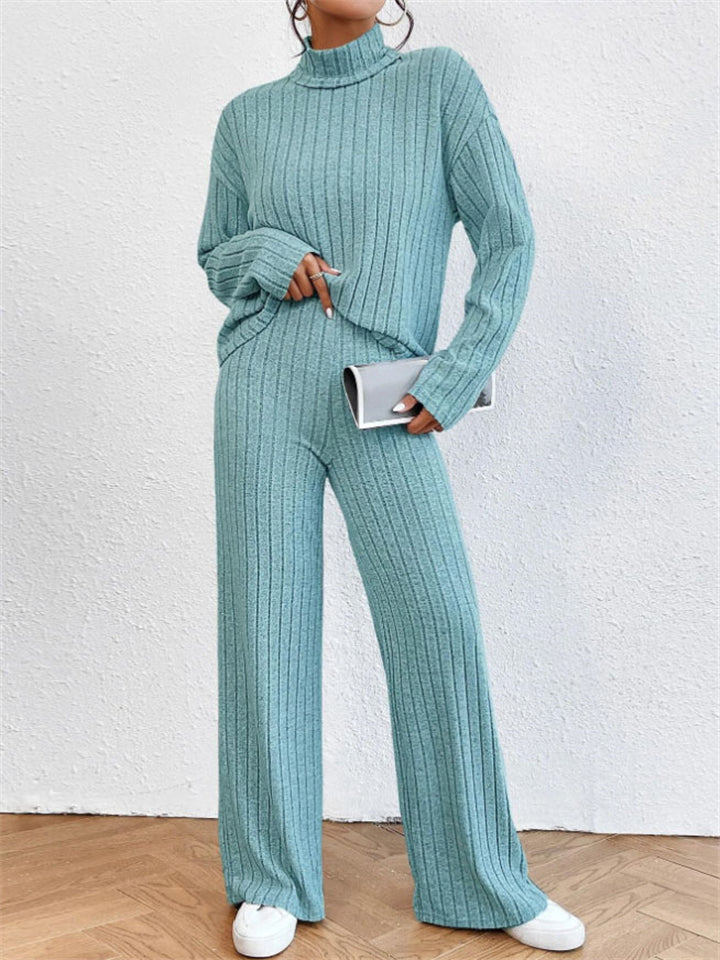 Women's Leisure Home High Collar Knitted Warm Pajamas ( 2 Pieces )